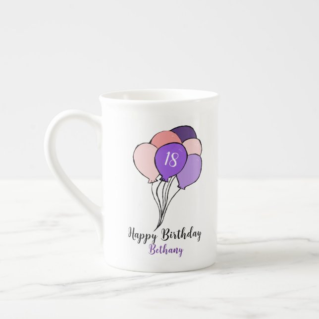 18. Geburtstag lila & rosa Ballons Prozellantasse (Links)