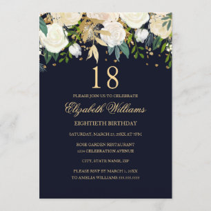 18. Geburtstag Navy Gold Floral 18. Geburtstag Einladung