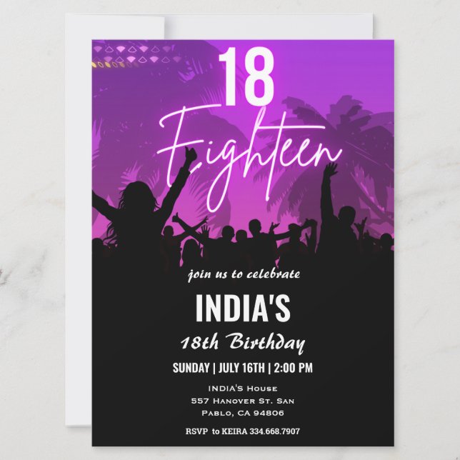 18. Geburtstag Party Rosa Neon Einladung (Vorderseite)