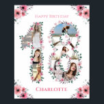 18. Geburtstag Pink Blume Girl FotoCollage Weiß Poster<br><div class="desc">Erstellen Sie eine achtzehnte Geburtstagssammlung mit sieben Fotos in einer großen Zahl achtzehn Formen. Die Einrichtung besteht aus schönen und hübschen,  rosafarbenen Blume und grünem Blattwerk. Großartiges 18. Geburtstagsgeschenk für Mädchen. Personalisiert Nummer 18 Foto Collage für ein einzigartiges und sehr spezielles Produkt.</div>