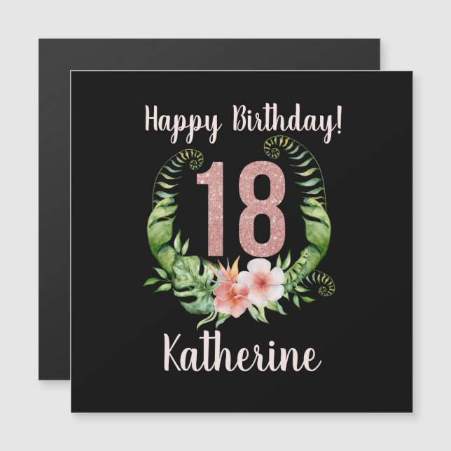18. Geburtstag Rosa Glitzer Blumenkarte Magnetkarte (Vorne/Hinten)