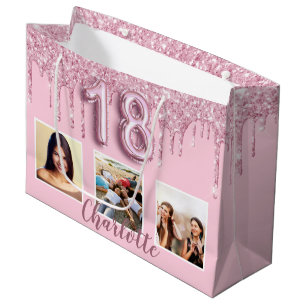 18. Geburtstag Rosa Glitzer Tropfen Foto Name Große Geschenktüte