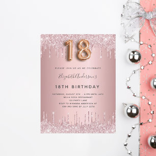 18. Geburtstag rosa staubige Rose Glitzer rosa Lux Einladungspostkarte