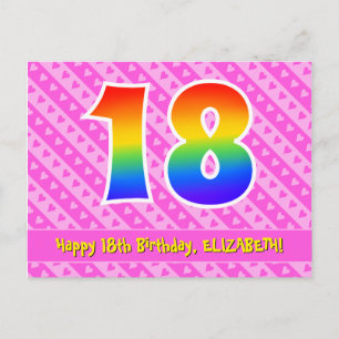 18. Geburtstag: Rosa Streifen & Herzen, Regenbogen Postkarte