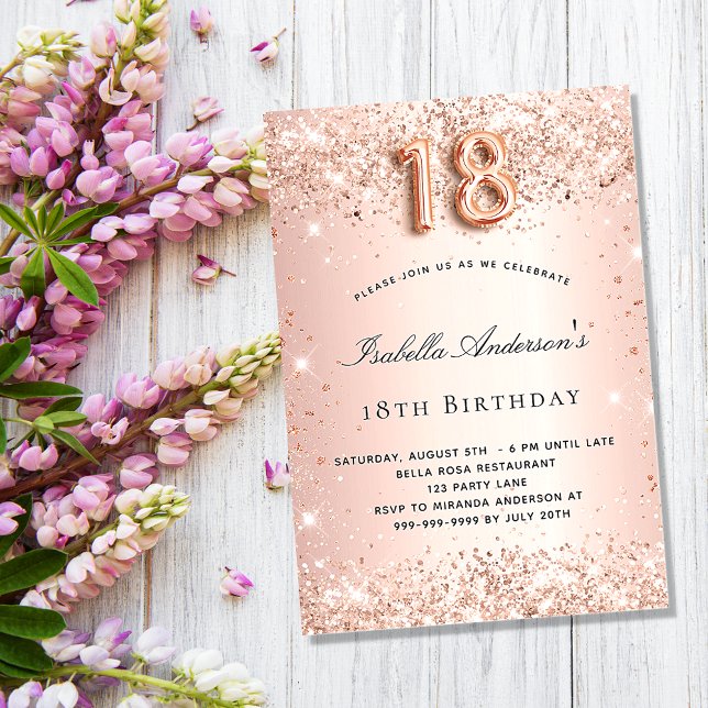 18. Geburtstag Rose Goldblütenstaub Glitzer Einladungspostkarte (Von Creator hochgeladen)