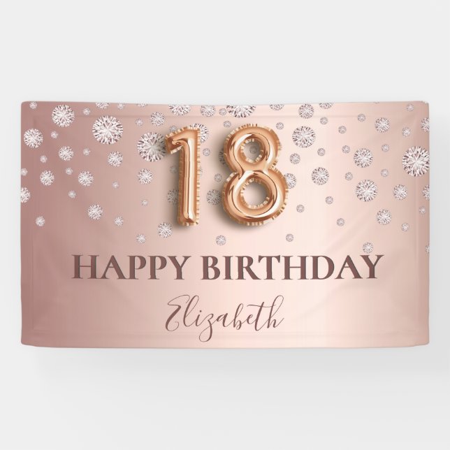 18. Geburtstag Rose Golddiamanten Ballonskript Banner (Horizontal)