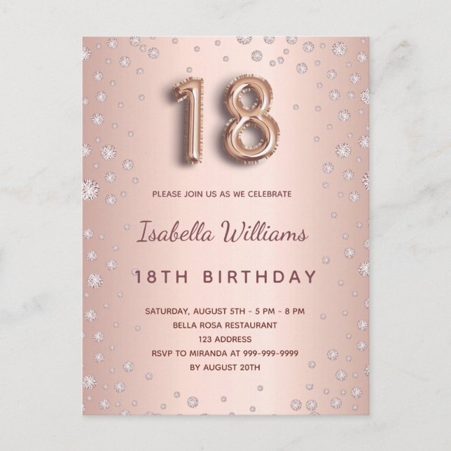 18. Geburtstag Rose Golddiamanten Ballonskript Postkarte (Vorderseite)