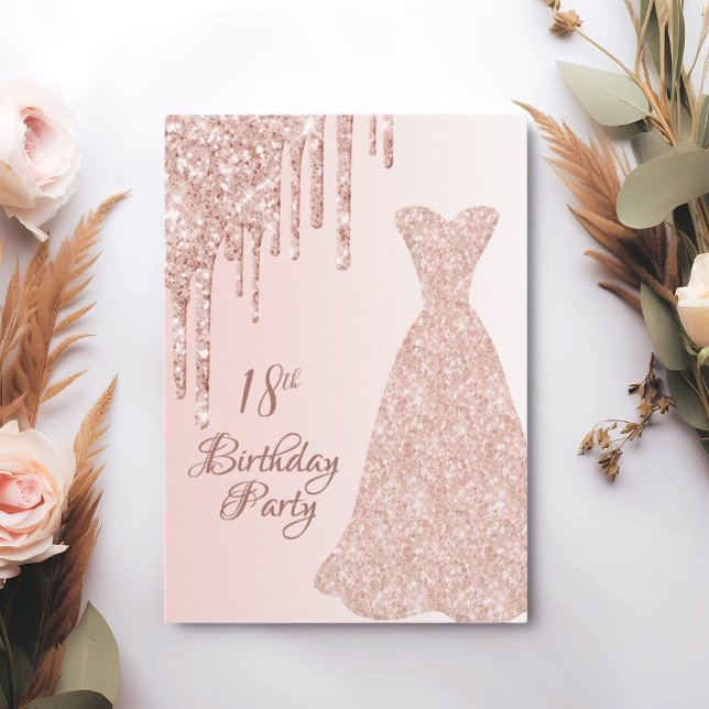 18. Geburtstag Rose Goldkleid Glitzer Tropfen Einladung (Von Creator hochgeladen)