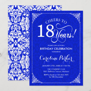 18. Geburtstag - Royal Blue White Damask Einladung