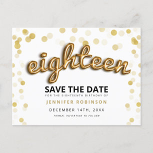 18. Geburtstag Save the Date Gold Balloons Glitzer Ankündigungspostkarte