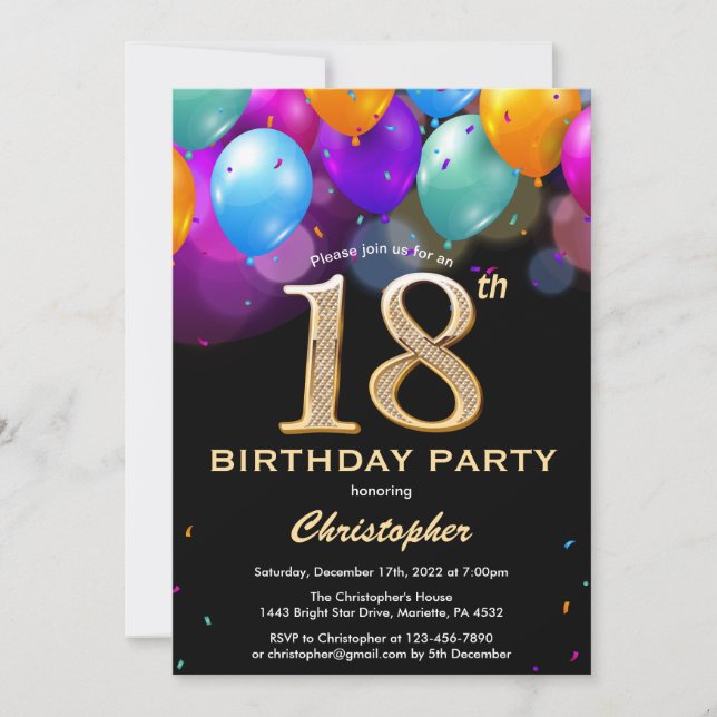 18. Geburtstag Schwarz und Gold farbige Ballons Einladung (Vorderseite)