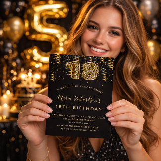 18. Geburtstag schwarzen Gold Leopard Print Confet Einladung