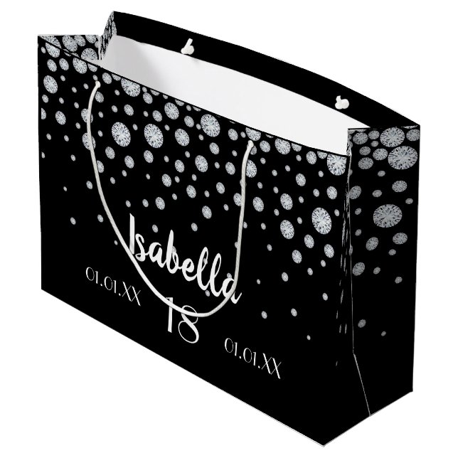 18. Geburtstag schwarzen Silberdiamanten Name Große Geschenktüte (Rückseite Schrägansicht)