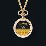 18. Geburtstag schwarzer goldener Name elegant Armbanduhr<br><div class="desc">Elegant,  klassisch,  glamourös und feminin. Ein Imitat mit goldfarbenem Bogen und Band mit goldenem Glitzer und Funkeln,  ein bisschen Bling und Luxus für ein Geburtstagsgeschenk oder Sake. Schwarzer Hintergrund. Vorlagen für ihren Namen und das Alter von 18 Jahren. Der Name ist mit einem modernen handgeschriebenen Stilskript geschrieben.</div>