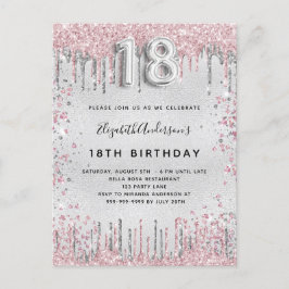 18. Geburtstag silber pink Metall Glitzer Staub Einladungspostkarte