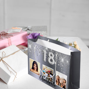 18. Geburtstag Silberner Glitzer Foto Große Geschenktüte