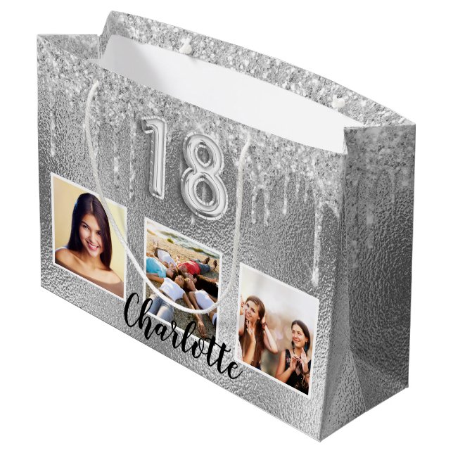 18. Geburtstag Silberner Glitzer Foto Große Geschenktüte (Rückseite Schrägansicht)
