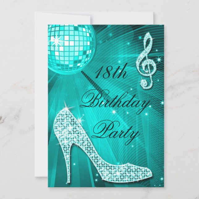 18. Geburtstag Sparkle Heels und Aquamariner Disko Einladung (Vorderseite)