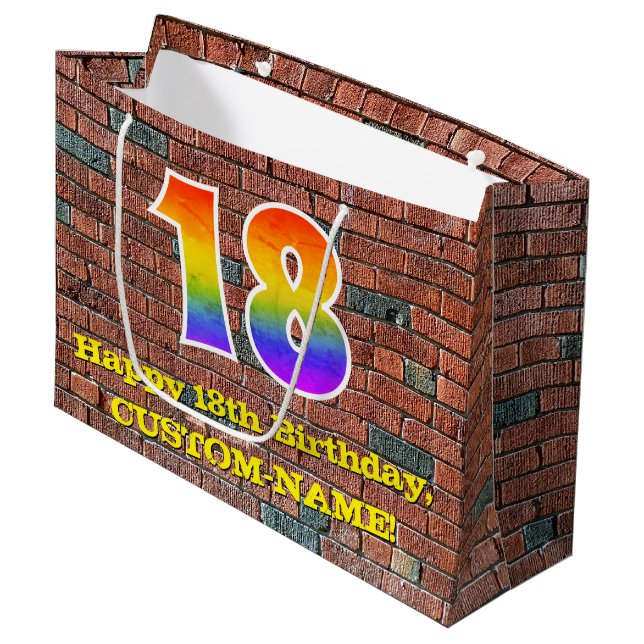 18. Geburtstag: Spaß, Graffiti-Inspiriert Regenbog Große Geschenktüte (Vorderseite Schrägansicht)