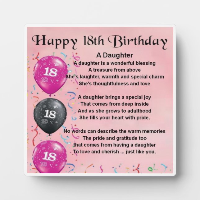18. Geburtstag Tochter Gedicht Plaque Fotoplatte (Vorderseite)
