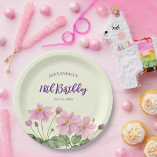 18. Geburtstag Wasserfarbe Rosa Japanischer Anemon Pappteller