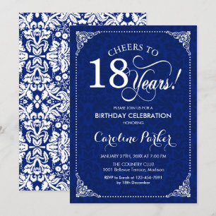 18. Geburtstag - weißer Damast der Marine Einladung