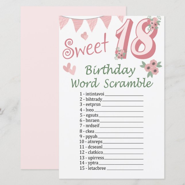 18. Geburtstag Word Scramble Game (Vorne/Hinten)