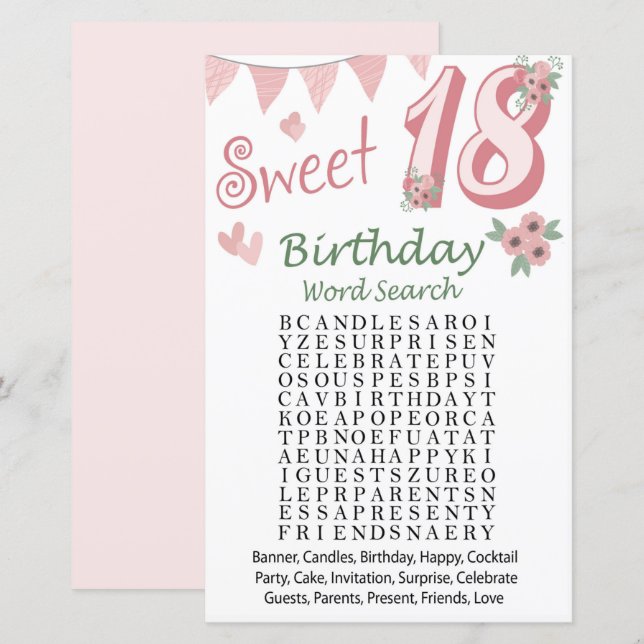 18. Geburtstag Word Search Game (Vorne/Hinten)