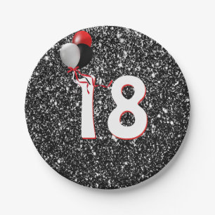 18. Geburtstagsballons auf dem Schwarzen Glitzer Pappteller