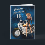 18. Geburtstagskarte mit einem Motorrad Karte<br><div class="desc">Ein Mädchen,  das mit einem großen Chopper,  eine große Geburtstagskarte aufwirft,  damit Sie senden</div>