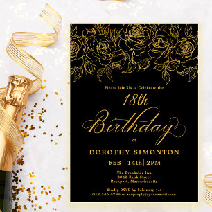 18. Geburtstagsparty Gold Rose Floral Black Einladung