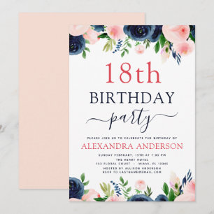 18. Geburtstagsparty Navy Blue Blush Pink Floral Einladung