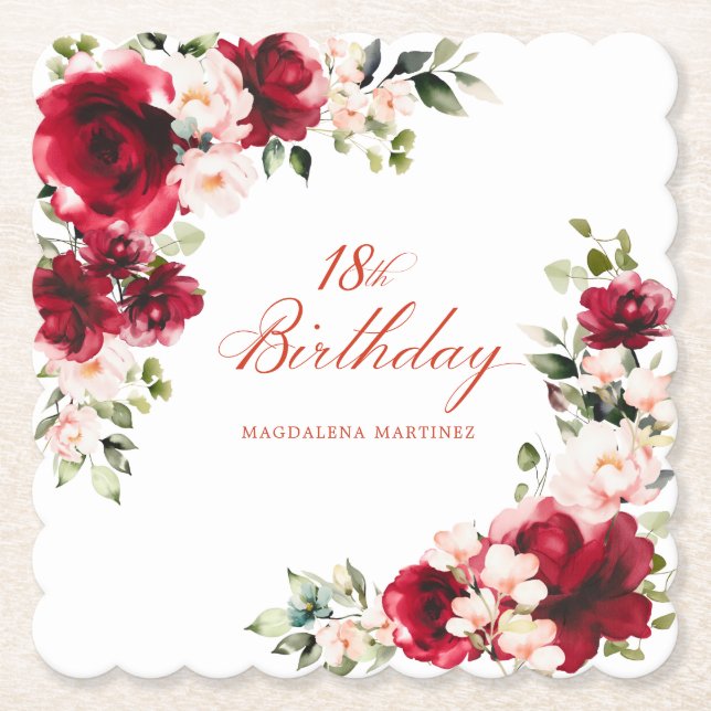 18. Geburtstagsparty Rosa Blumenmuster Custom Untersetzer (Vorderseite)