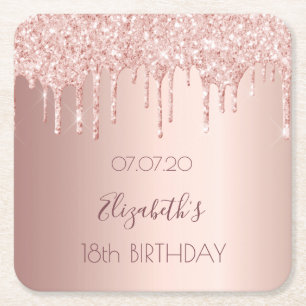 18. Geburtstagsparty Rose Gold Glitzer Tropfen Rechteckiger Pappuntersetzer