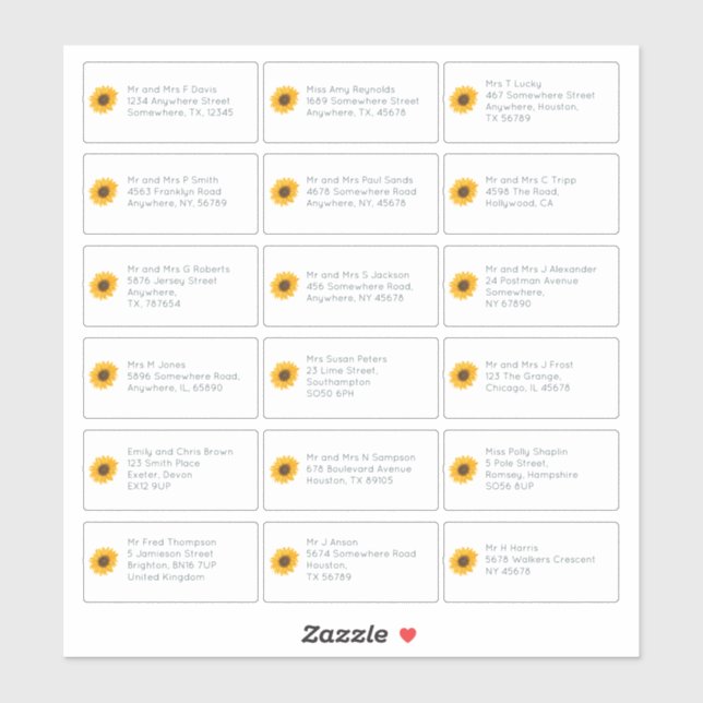 18 Individuelle Namensadresse Hochzeitsgast Sonnen Aufkleber (Blatt)