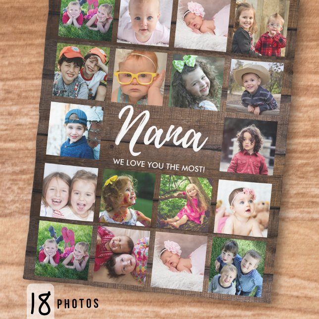 18 Photo Collage We Love You Nana Dark Wood Fleecedecke (Von Creator hochgeladen)