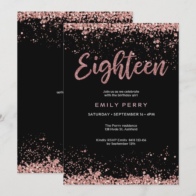 18. Rose Gold Glitzer Einladung (Vorne/Hinten)