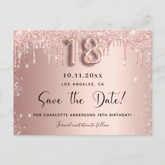 18. Rose Gold Silberröte Save the Date Ankündigungspostkarte (Vorderseite)