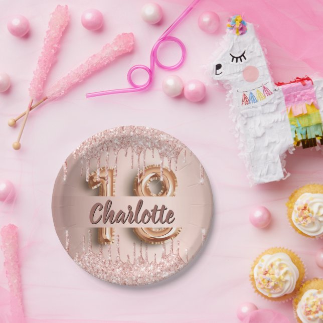 18. Rose Goldname Tropfen Pappteller (Party)