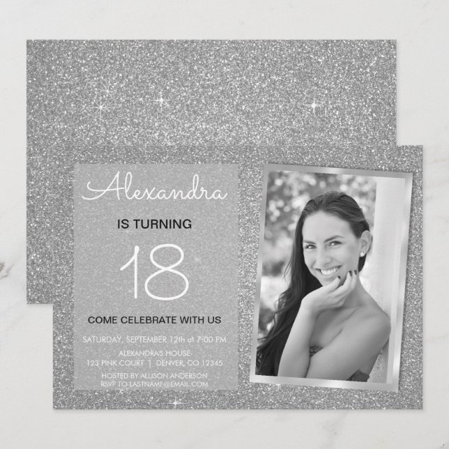18. Sparkle Glitzer Luxus Silberes Foto Einladung (Vorne/Hinten)