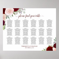 18 Tabelle Burgundy Red & Pink Roses Seating Chart