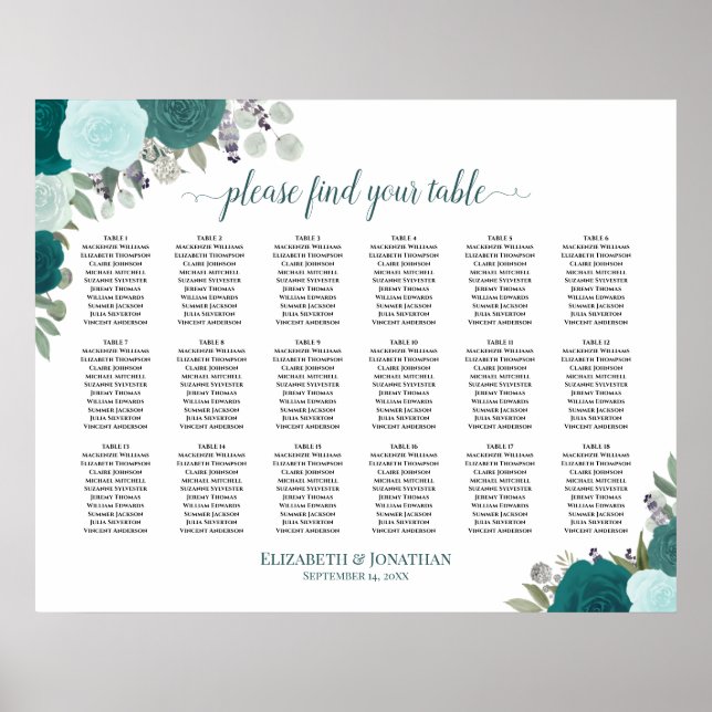 18 Tabelle Elegante Aquamarine Rose Hochzeitsdiagr Poster (Vorne)