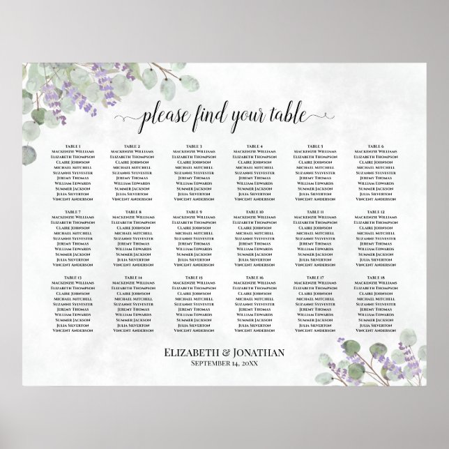 18 Tabelle Eukalyptus Lavender Wedding Seating Cha Poster (Vorne)