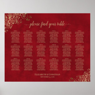 18 Table Gold Frills auf Red Wedding Seating Chart Poster
