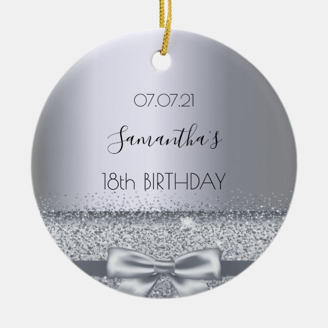 18 th birthday decor silver sparkle bow metallic keramik ornament (Vorne)