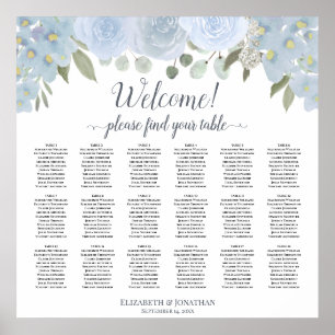 18-Tisch-Hochzeits-Sitzplan mit staubblauen Rosen Poster