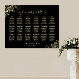 18-Tisch-Hochzeits-Sitzplan Schwarz & Gold Verzier Poster