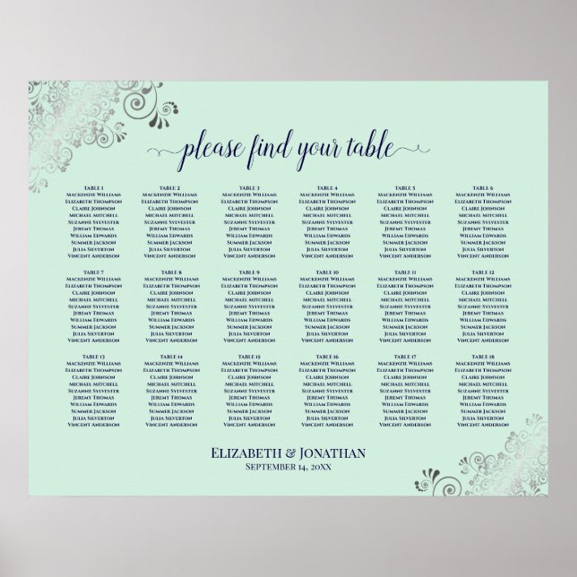 18 Tisch Hochzeitskarte Minze Green & Navy Poster (Vorne)
