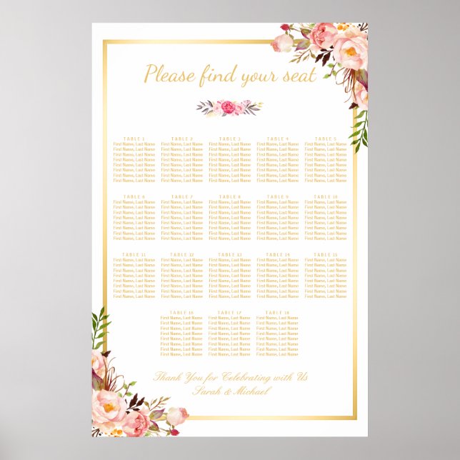 18 Tische Hochzeitskarte, floraler Goldrahmen Poster (Vorne)