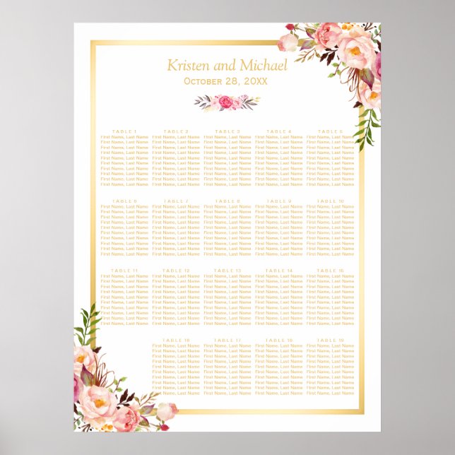 18+ Tische Hochzeitssitzkarte, floraler Goldrahmen Poster (Vorne)